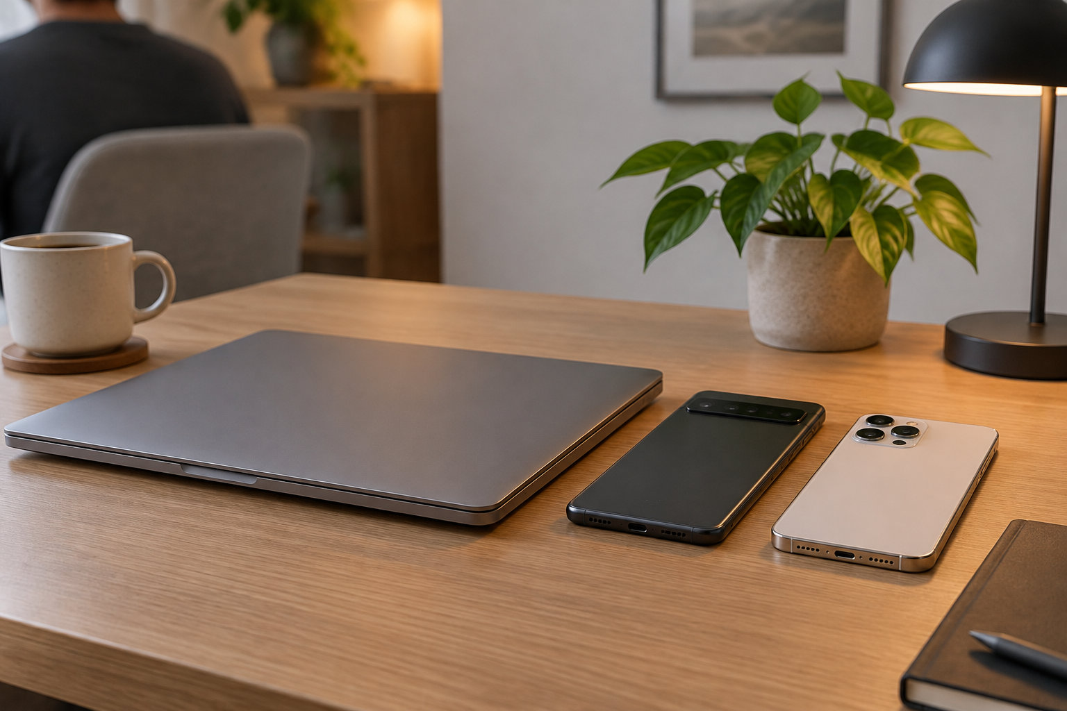 Un ordinateur portable fermé et deux téléphones sont posés sur un bureau en bois, près d’une tasse, d’une plante et d’une lampe.
