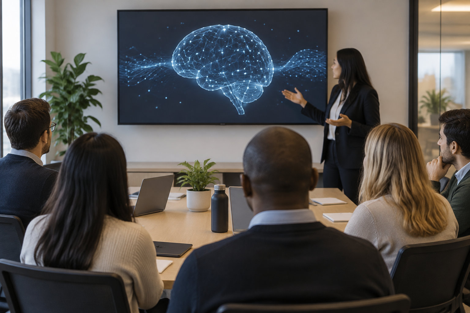 Une femme présente une illustration numérique de cerveau à un groupe réuni autour d’une table dans une salle de réunion.