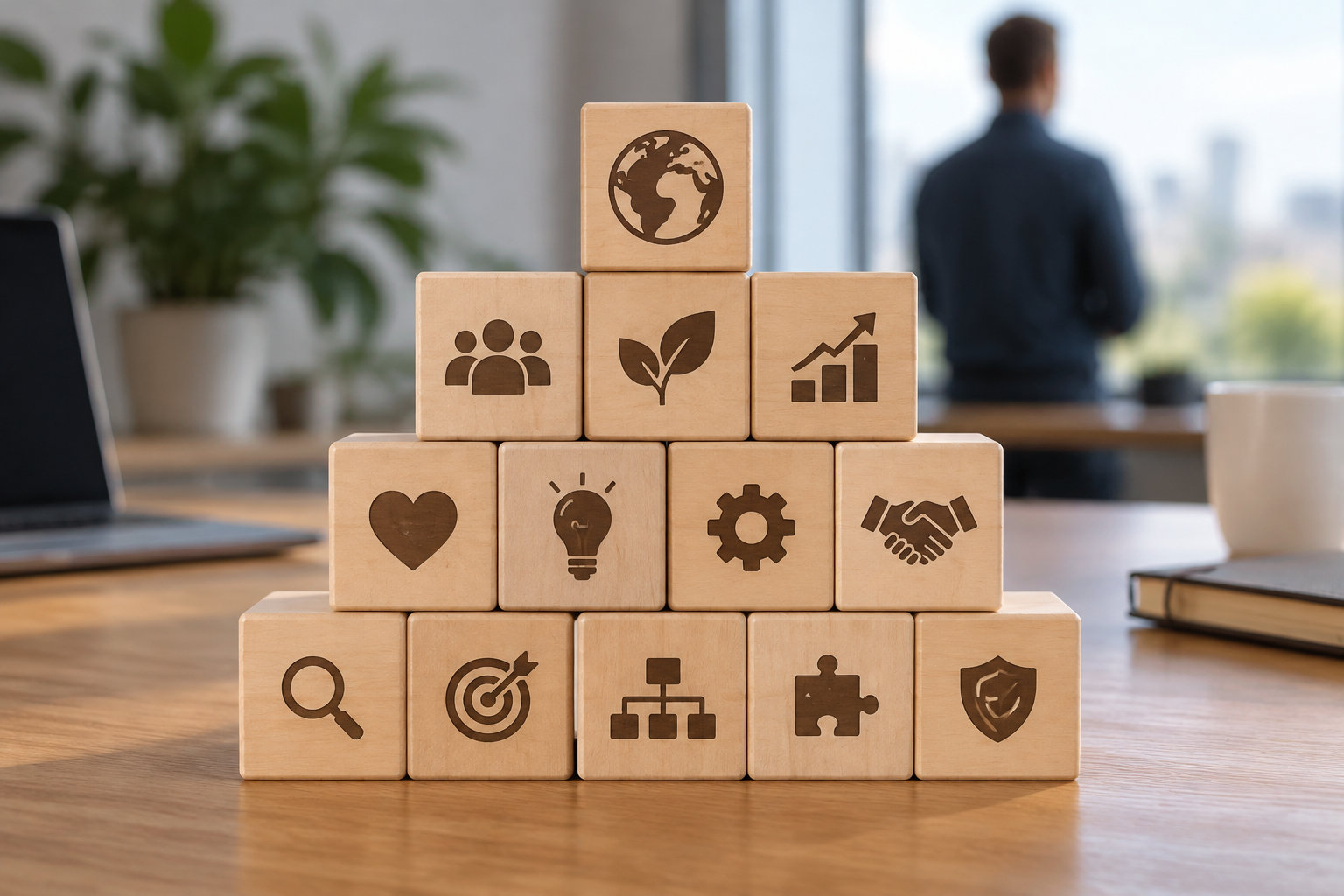Des cubes en bois ornés de pictogrammes sont empilés en pyramide sur une table dans un bureau, avec un ordinateur, une plante, un livre et une personne floue en arrière-plan.