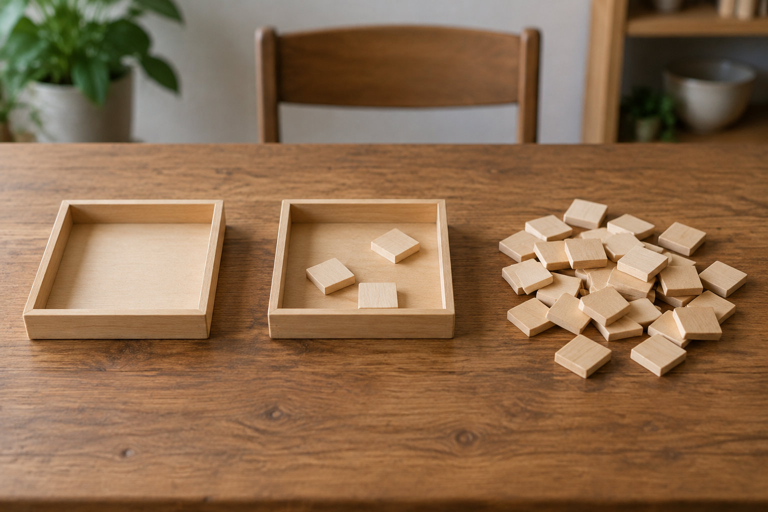 Des petites pièces carrées en bois sont réparties dans un tas et un plateau sur une table, à côté d’un plateau vide.