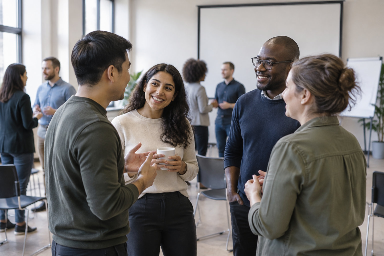 Quatre collègues souriants discutent dans une salle de réunion, tandis que d’autres personnes échangent en arrière-plan.
