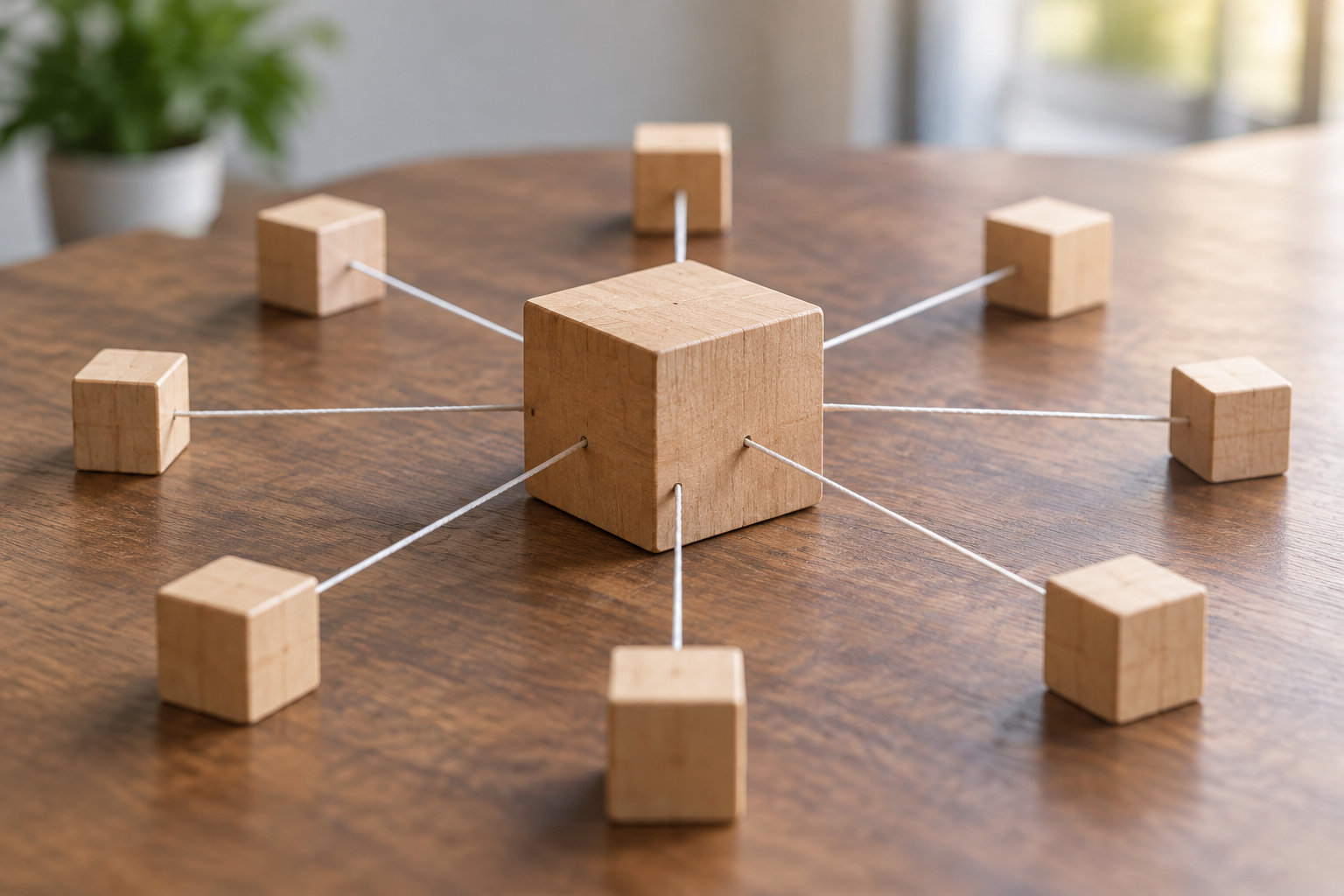 Un grand cube en bois est relié par des tiges blanches à plusieurs petits cubes posés sur une table en bois.