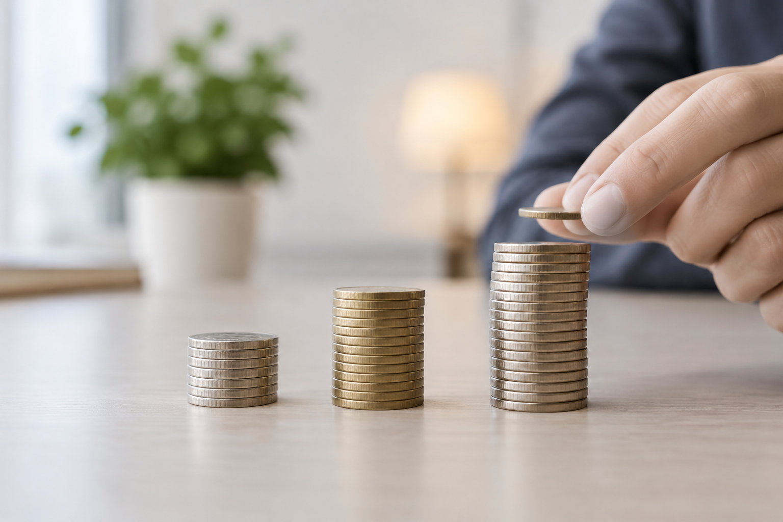 Une main ajoute une pièce au sommet d’une grande pile, à côté de deux piles de pièces plus petites posées sur une table.