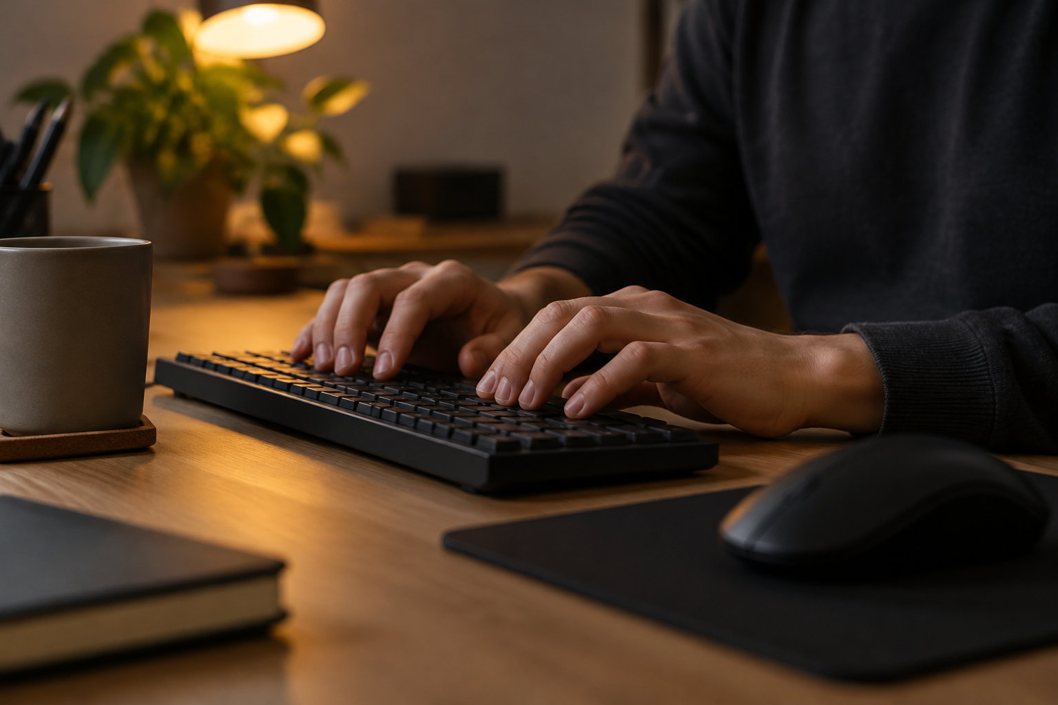 Une personne tape sur un clavier devant un écran hors champ, avec une souris, une tasse et un carnet posés sur un bureau éclairé par une lampe.