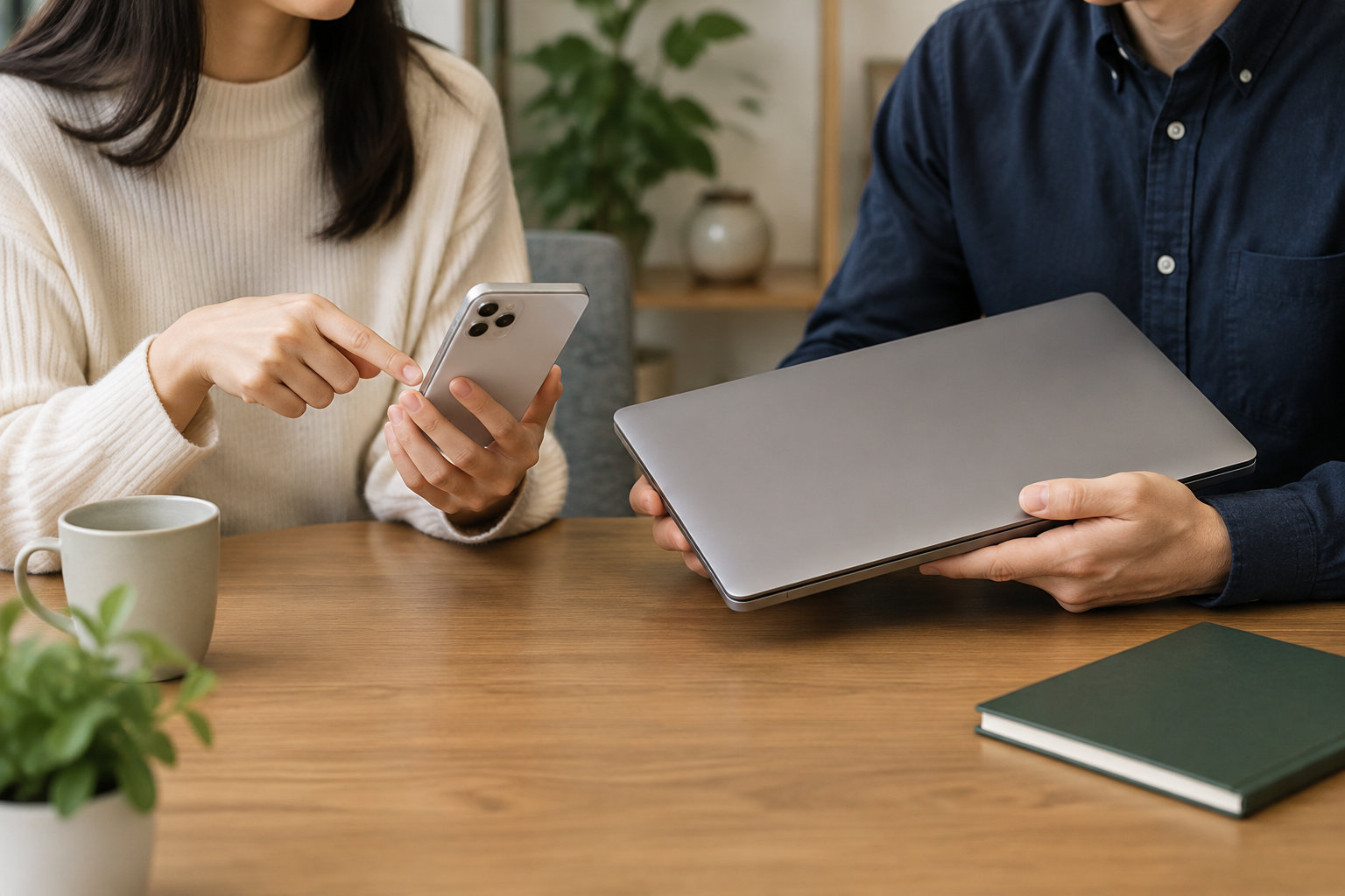 Deux personnes sont assises à une table en bois ; l’une montre un téléphone à l’autre, qui tient un ordinateur portable fermé, avec une tasse et un carnet posés sur la table.