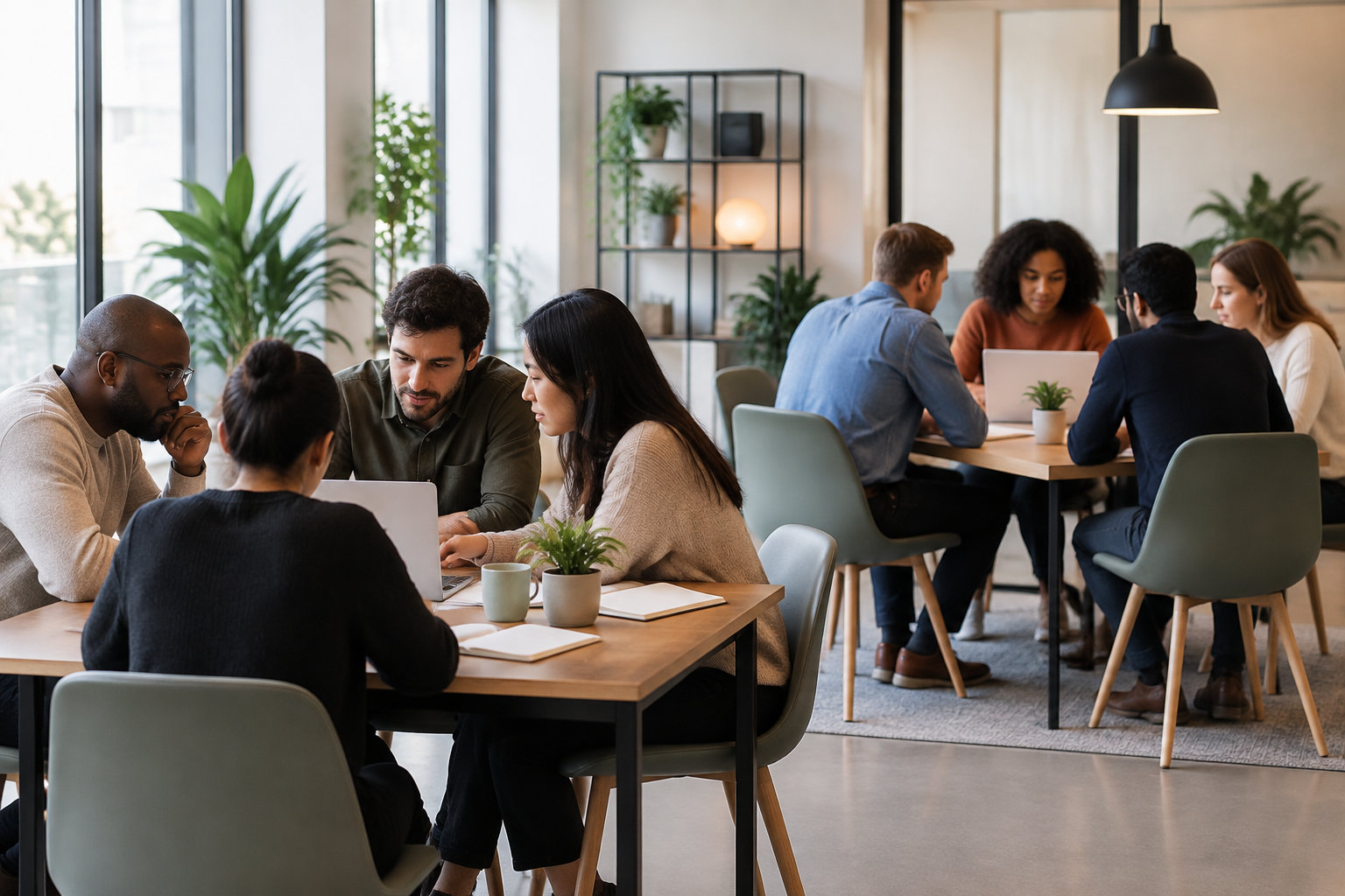 Deux petits groupes de personnes discutent autour d’ordinateurs portables et de documents dans un espace de travail lumineux aménagé avec des plantes et des étagères.