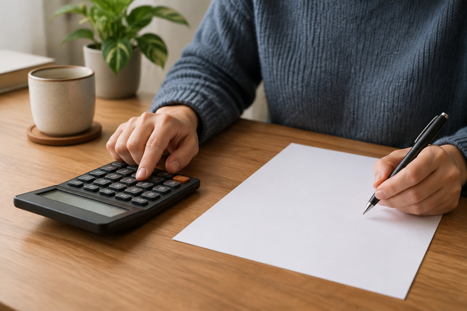 Une personne appuie sur les touches d’une calculatrice tout en tenant un stylo au-dessus d’une feuille blanche, sur une table en bois.