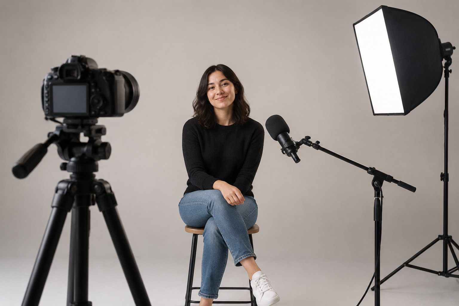 Une femme assise sur un tabouret sourit face à un appareil photo, avec un microphone et un éclairage de studio autour d’elle.